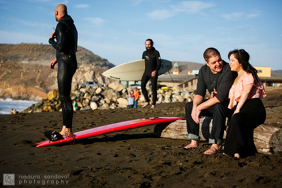 surfers on rockaway beach during pacifica engagement photography session
